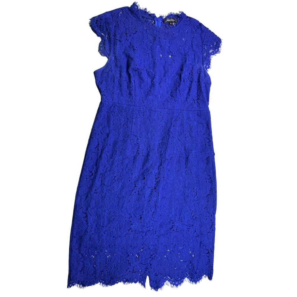 Merokeety XL Cobalt‎ Blue Lace Midi Dress Eyelash Lace Cocktail Wedding Guest